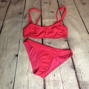 Neon pink ribbed two piece bikini